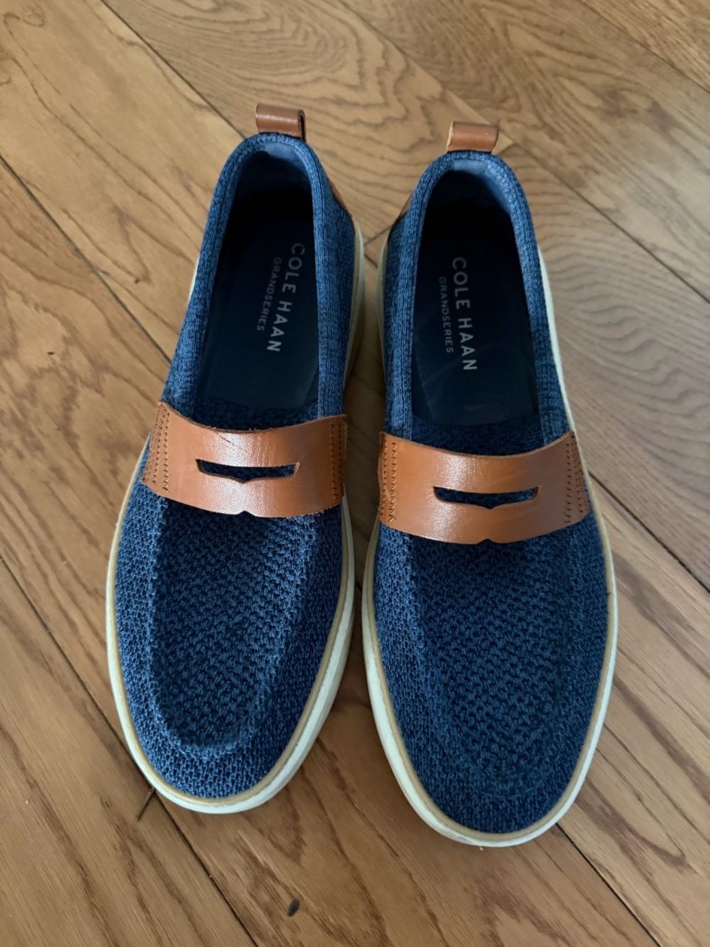 Cole Haan Navy Knit Slip-On Loafers with Tan Leather Strap